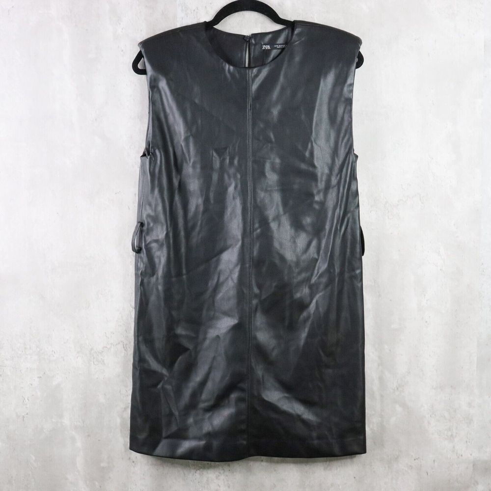 Zara Shift Dress Womens XS Black‎ Faux Leather Mini Sleeveless Padded Shoulders